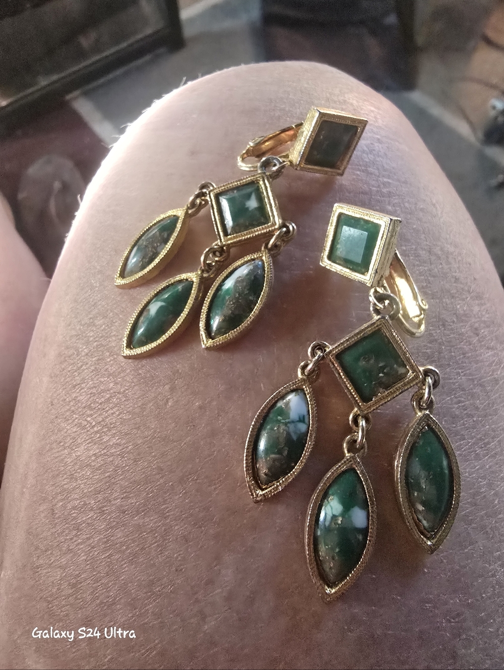 Gold-Tone Green Stone Drop Earrings